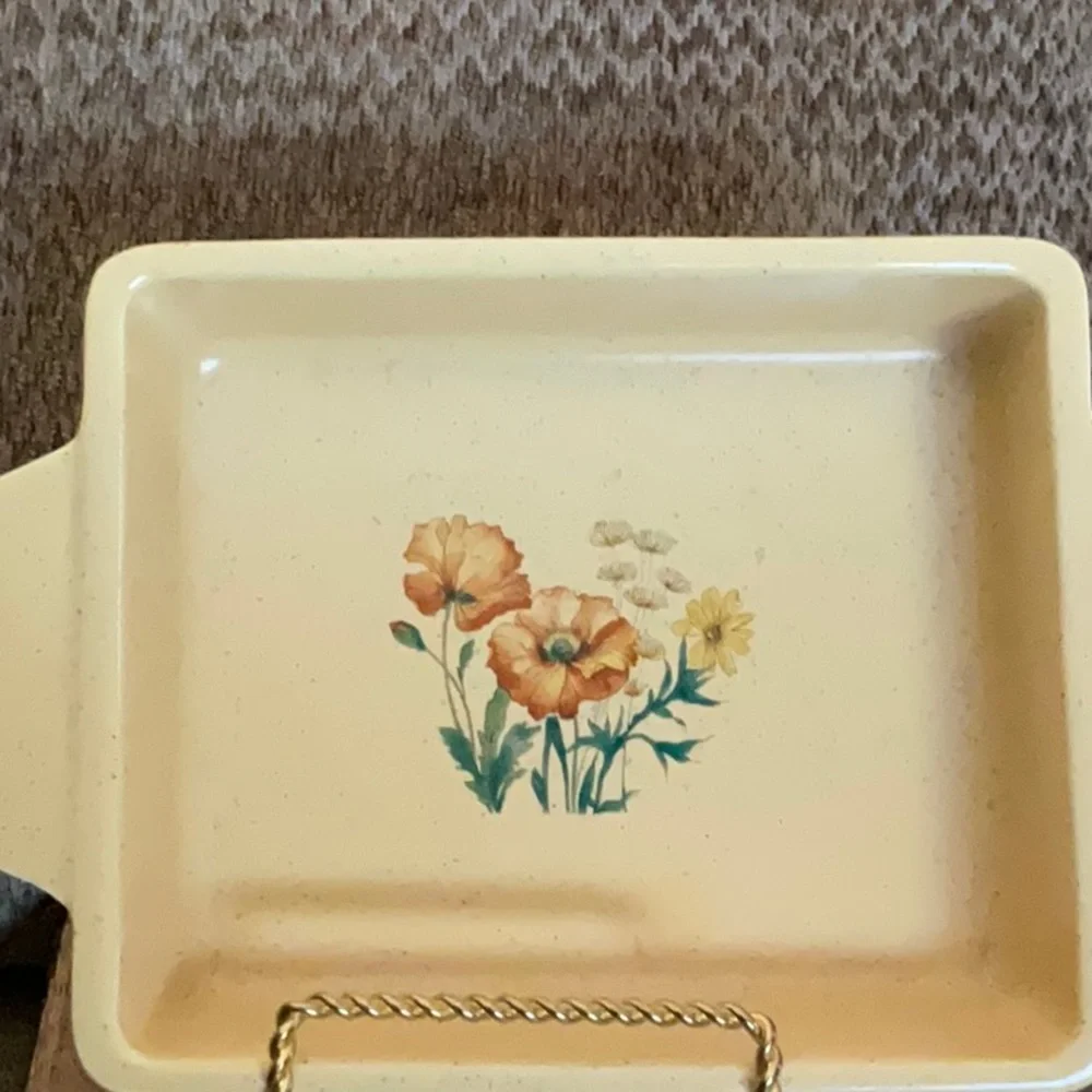 🌸3 for $18🌸 Vintage Treasure Craft bakeware speckled Orange with flowers - Picture 3 of 6